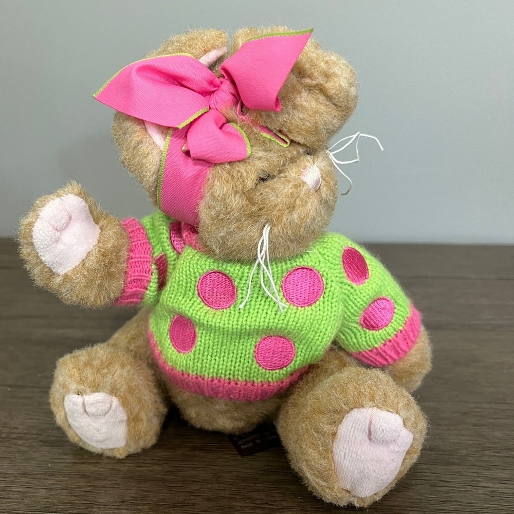 Bearington Collection Penny Polka Dots Bunny Plush Tan Rabbit Green Pink Sweater